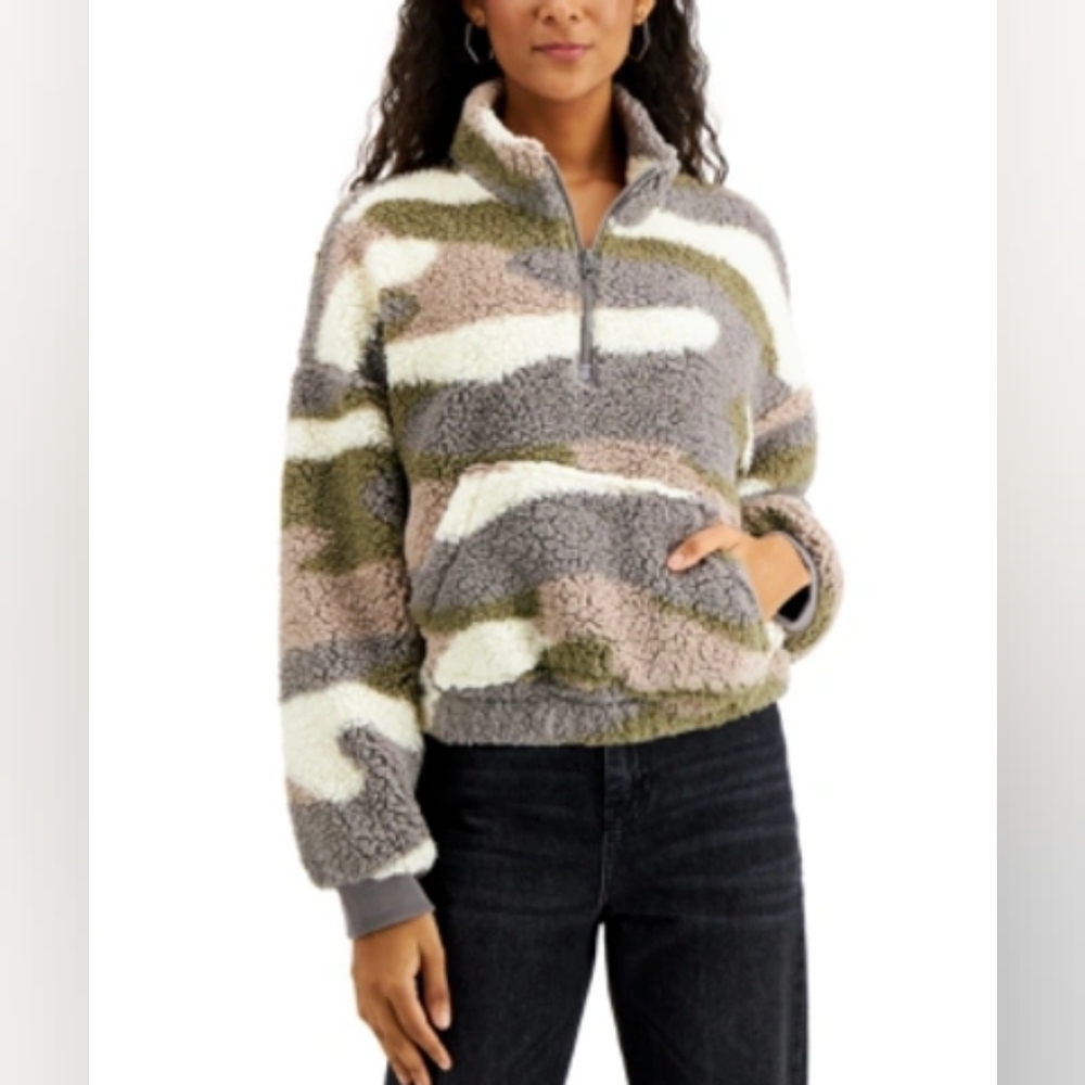 Hippie rose junior's cropped sherpa sweatshirt jacket size large camouflage